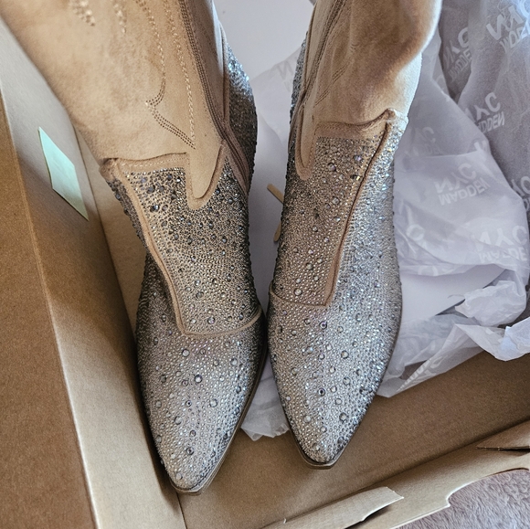 ⭐ NWT ⭐ Madden NYC Glitter Cowgirl Boots 9 Medium Beige/Crystal - Picture 9 of 12